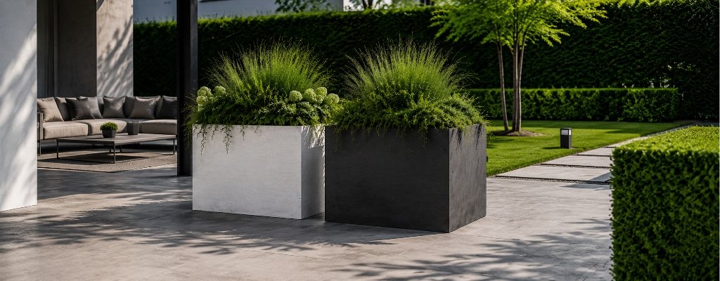 Beton-Pflanzkübel als Raumteiler zwischen Terrasse und Garten