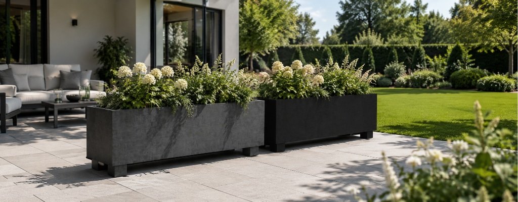 Zwei lange Pflanzkübel aus Beton in Schwarz und Grau als Raumteiler zwischen Terrasse und Garten in einem modernen, sonnigen Außenbereich
