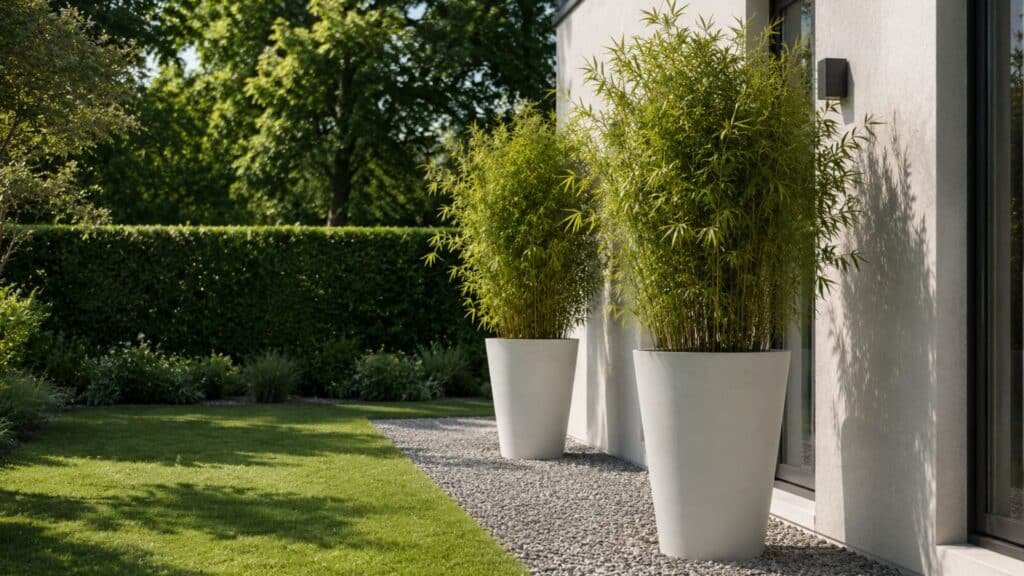 Bambus in zwei runden Beton-Pflanzkübeln im modernen Garten