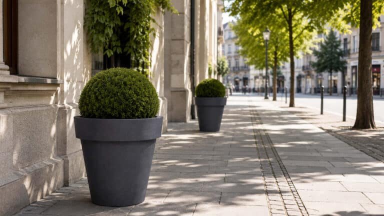 Buchsbaumkugeln in runden Beton-Pflanzkübeln auf einem sonnigen Gehweg