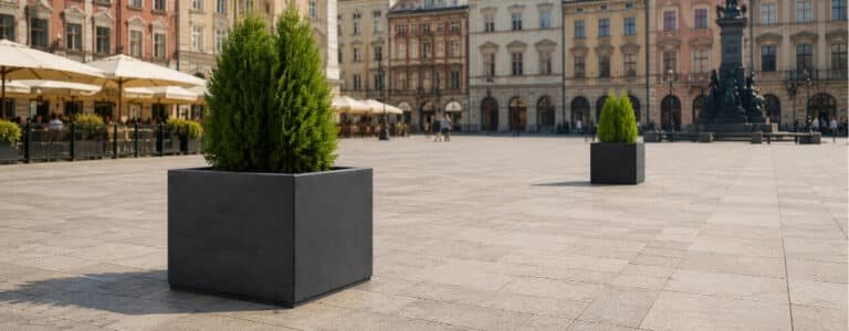 Schwarzer quadratischer Beton-Pflanzkübel mit kleinen Thuja-Bäumen auf einem städtischen Marktplatz