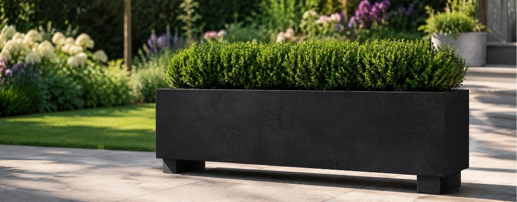 Schwarzer Beton-Pflanzkübel mit Buchsbaum in einem gepflegten Garten