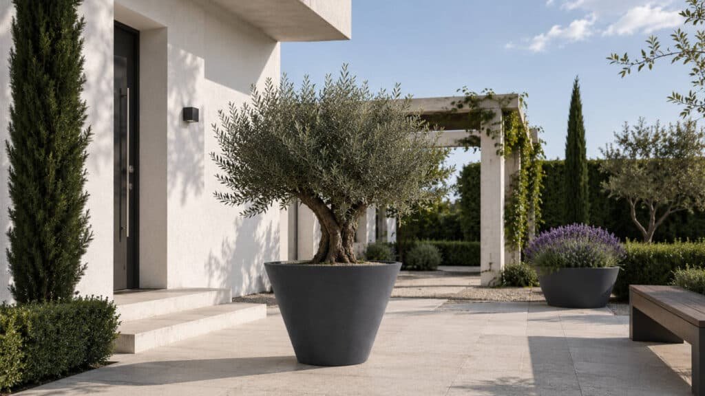 Großer Olivenbaum im runden Beton-Pflanzkübel auf moderner Terrasse