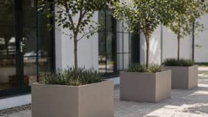 Drei moderne Aluminium-Pflanzgefäße mit kleinen Zierbäumen auf einer hell gepflasterten Terrasse vor einem modernen Wohnhaus.
