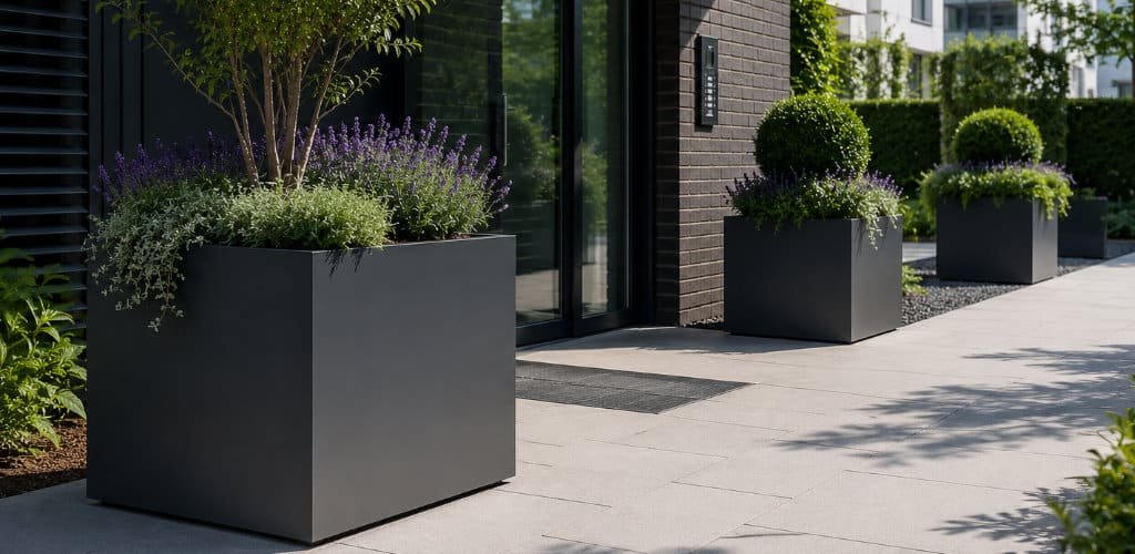 Moderne anthrazitfarbene Pflanzkübel aus Aluminium mit Bäumen, Buchsbaumkugeln und violett blühenden Pflanzen vor einem Gebäudeeingang.
