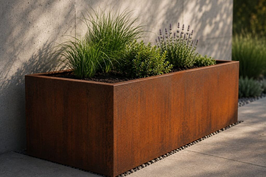 Moderner Pflanzkübel aus Cortenstahl mit natürlicher Edelrost-Patina in einem stilvollen Garten mit Ziergräsern und Lavendel.