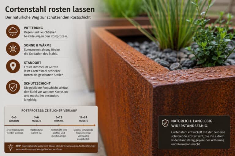 Infografik zum Rostprozess von Cortenstahl mit Pflanzkübel, Einfluss von Regen, Sonne und Standort sowie zeitlichem Verlauf der Rostbildung.