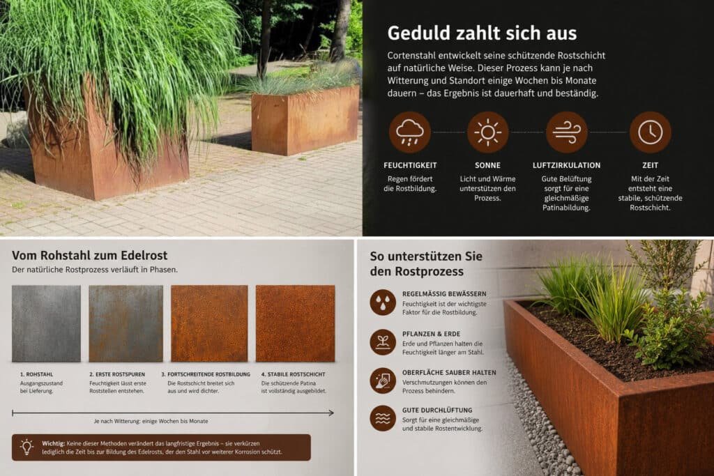 Infografik zum natürlichen Rostprozess von Cortenstahl mit den einzelnen Phasen der Edelrostbildung sowie den wichtigsten Faktoren für eine gleichmäßige Rostentwicklung.