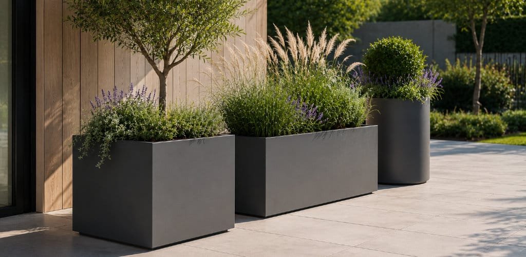 Moderne Pflanzkübel aus Fiberglas in quadratischer, rechteckiger und zylindrischer Form mit Olivenbaum, Ziergräsern und blühenden Pflanzen auf einer Terrasse.