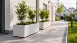 Zwei lange weiße Aluminium-Pflanzkübel mit kleinen grünen Bäumen stehen leicht erhöht entlang eines hellen Wohnhauses. Im Hintergrund sind weitere Häuser, ein Gartenweg und eine gepflegte Grünfläche zu sehen