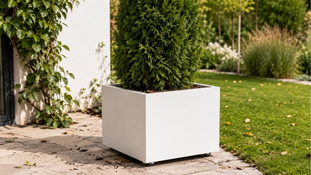 Weißer mobiler Aluminium-Pflanzkübel mit großer grüner Thuja, leicht erhöht auf Rollen, in einem hellen Garten mit Gras, verstreuten Blättern und etwas Erde