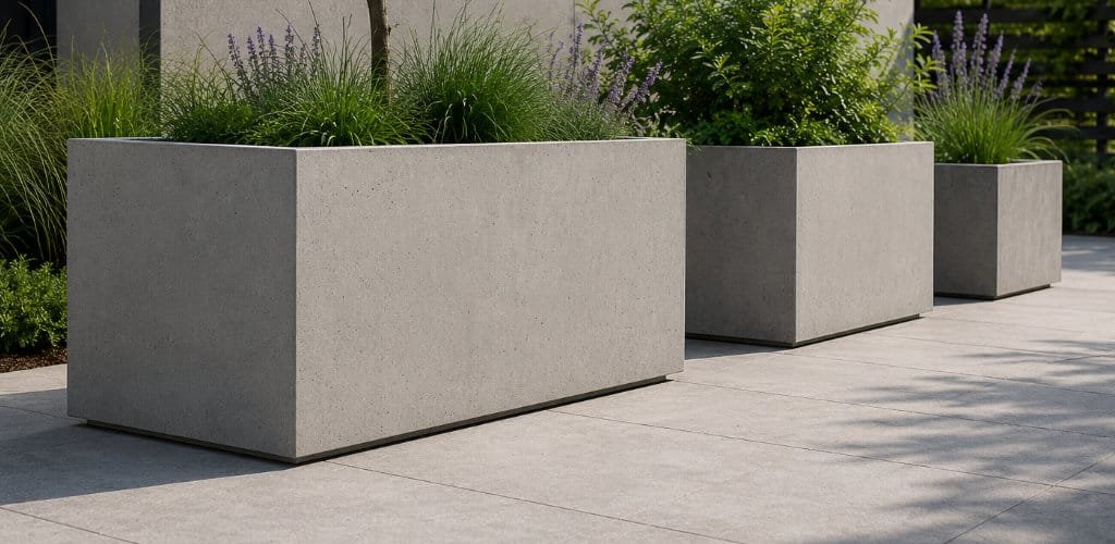 Große rechteckige Pflanzkübel aus Beton mit Olivenbaum, Ziergräsern und blühenden Pflanzen auf einer modernen Terrasse.