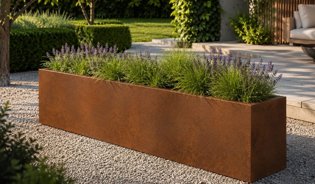 Langer Cortenstahl-Pflanzkübel mit Ziergräsern und Lavendel in einem modernen Garten