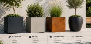 Vier moderne Pflanzkübel aus Aluminium, Beton, Cortenstahl und Fiberglas mit unterschiedlicher Bepflanzung im direkten Materialvergleich.