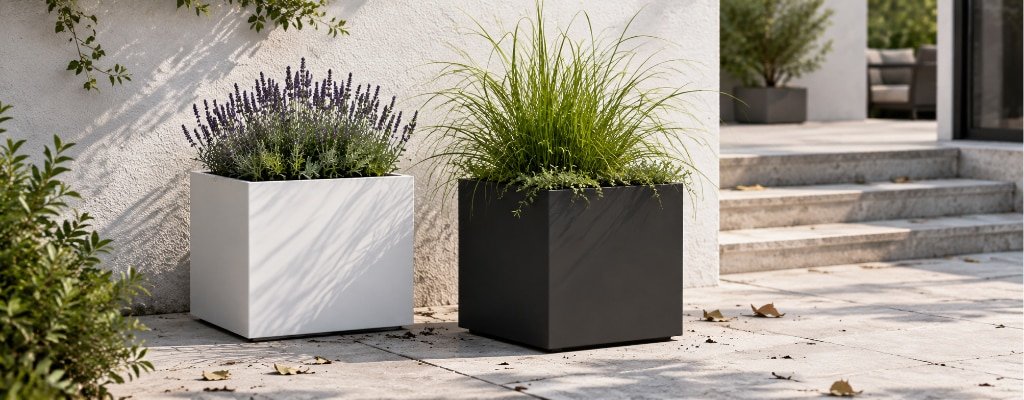 Pflanzkübel aus Aluminium in Weiß und Schwarz mit Lavendel und Ziergras auf einer hellen Terrasse