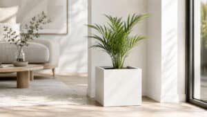 Pflanzkübel aus Aluminium in Weiß mit kleiner Palme in einem hellen, modernen Wohnraum