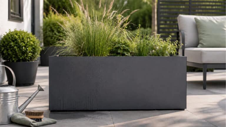 Anthrazitfarbener Pflanzkübel aus Aluminium mit Ziergräsern und Pflegezubehör auf einer modernen Terrasse