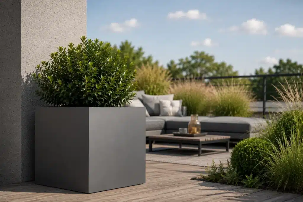 Cortenstahl oder Aluminium? Der große Materialvergleich für Pflanzkübel 2 aluminium pflanzkuebel moderne lounge terrasse Großer Aluminium-Pflanzkübel mit immergrünem Strauch auf einer modernen Terrasse mit gemütlichem Loungebereich.