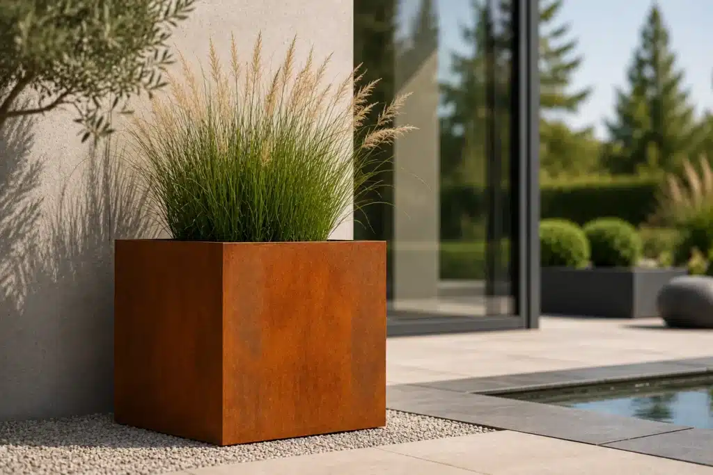Cortenstahl oder Aluminium? Der große Materialvergleich für Pflanzkübel 1 cortenstahl pflanzkuebel moderne terrasse Moderner Pflanzkübel aus Cortenstahl mit Ziergras auf einer minimalistischen Terrasse vor einem modernen Wohnhaus.