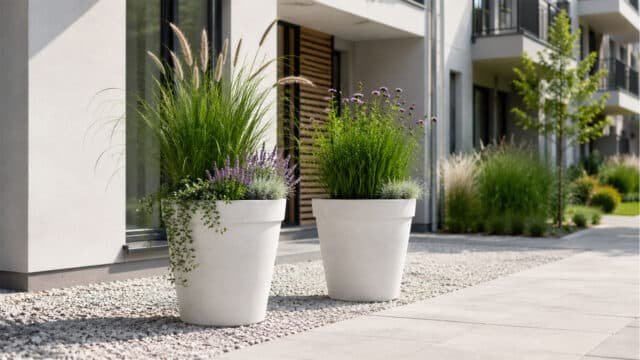 Beton-Pflanzkübel mit Ziergräsern und dekorativen Pflanzen neben einem modernen Wohngebäude