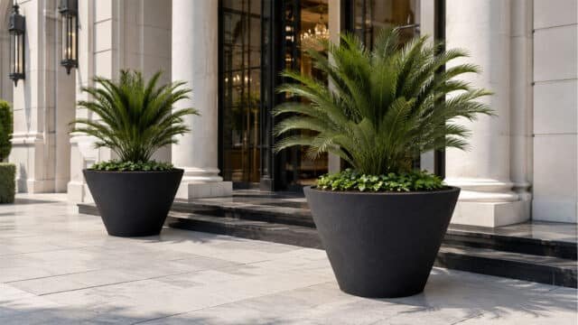 Beton-Pflanzkübel mit großen Palmen vor einem eleganten Gebäude mit heller Fassade