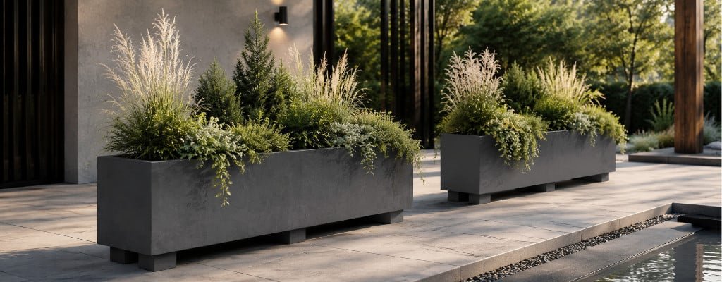 Beton-Pflanzkübel mit Ziergräsern und immergrünen Pflanzen auf einer modernen Terrasse