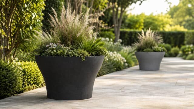 Beton-Pflanzkübel in Schwarz und Grau mit dekorativen Gräsern und grüner Bepflanzung entlang eines Gartenwegs, einer im Vordergrund und einer im Hintergrund
