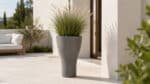 Beton-Pflanzkübel mit dekorativem Ziergras auf einem hellen, modernen Patio