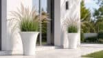 Beton-Pflanzkübel mit blühendem Ziergras neben einem modernen Haus auf einer hellen Terrasse