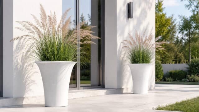 Beton-Pflanzkübel mit blühendem Ziergras neben einem modernen Haus auf einer hellen Terrasse