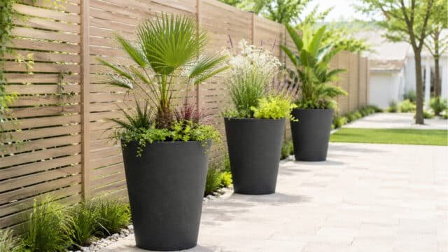 Beton-Pflanzkübel mit kleiner Palme und verschiedenen grünen Pflanzen entlang eines Gartenzauns