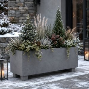Grauer Beton-Pflanzkübel mit winterlichen Pflanzen, kleinen Nadelgehölzen und Ziergräsern auf einer verschneiten Terrasse