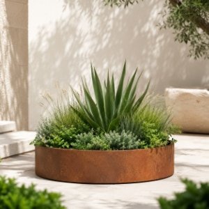 Niedriges, rundes Cortenstahl-Pflanzgefäß mit Agave, Ziergräsern und grünen Pflanzen auf einer hellen Terrasse