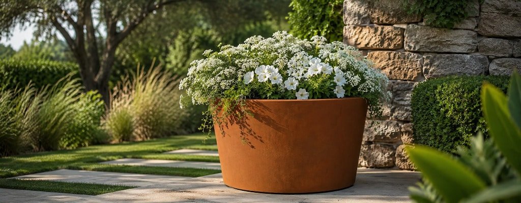Rundes Cortenstahl-Pflanzgefäß mit weißen Blumen und grünen Pflanzen in einem sonnigen Garten