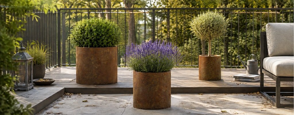 Drei runde Cortenstahl-Pflanzgefäße mit Buchsbaum, Lavendel und kleinem Zierbaum auf einer sonnigen modernen Terrasse