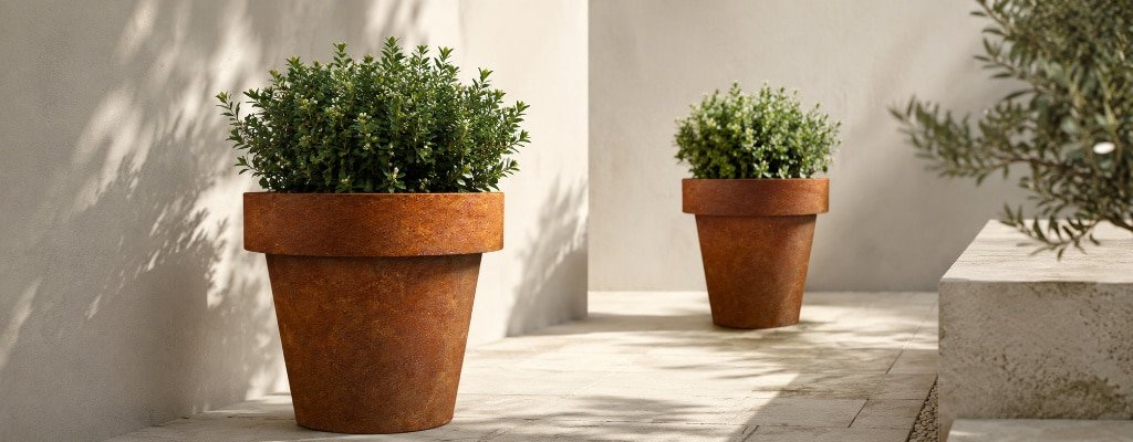 Zwei rostfarbene Cortenstahl-Pflanzgefäße mit grünen Sträuchern auf einer hellen, modernen Terrasse