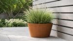 Runder Cortenstahl-Pflanzkübel mit Ziergras auf einer hellen Terrasse am Gartenzaun