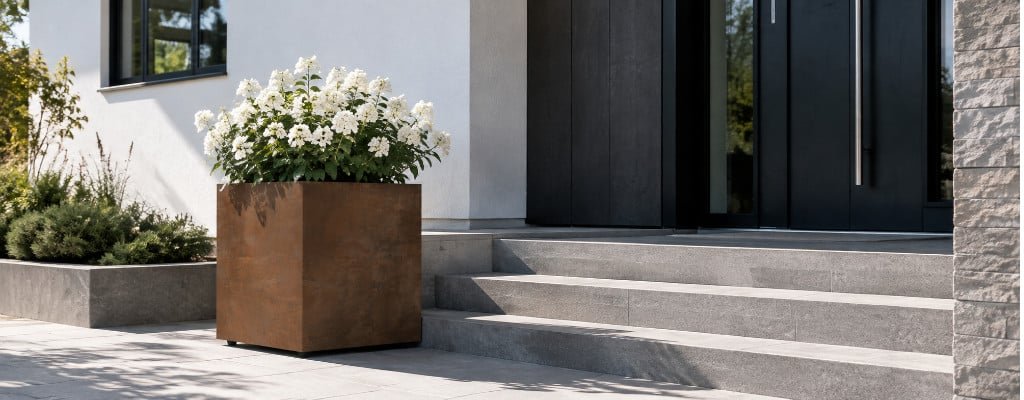 Großer quadratischer Pflanzkübel aus Cortenstahl mit weißen Blüten neben den Eingangsstufen eines modernen Hauses