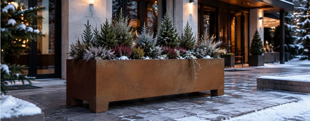 Großer Cortenstahl-Pflanzkübel mit winterlichen Pflanzen, kleinen Nadelgehölzen und Heide vor einem modernen Gebäude im Schnee
