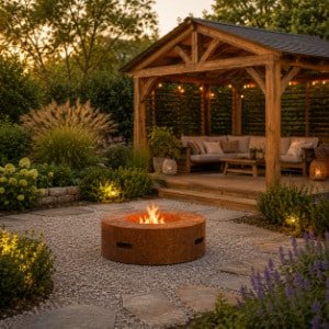 Runde Feuerstelle aus Cortenstahl in einem bepflanzten Garten vor einer gemütlichen Holzpergola