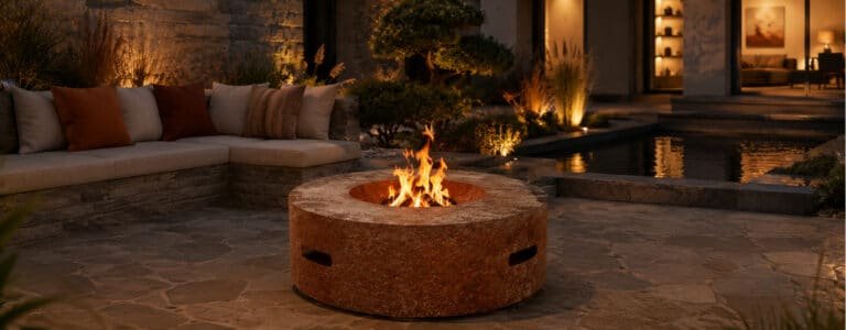 Runde Feuerstelle aus Cortenstahl auf einer modernen Terrasse mit Sitzbereich, Wasserbecken und stimmungsvoller Gartenbeleuchtung