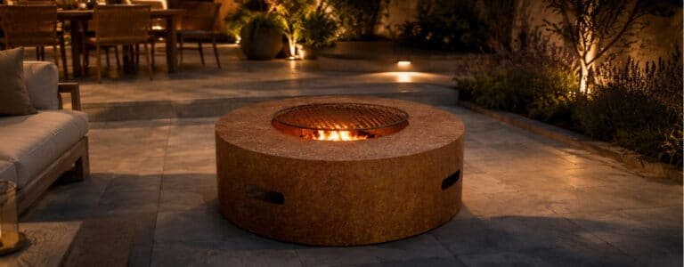 Runde Feuerstelle aus Cortenstahl mit Grillrost auf einer modernen Terrasse bei Abendlicht