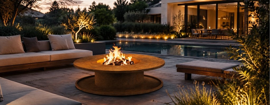 Runde Feuerstelle aus Cortenstahl in einem modernen Garten mit Pool, Lounge-Bereich und stimmungsvoller Beleuchtung
