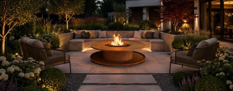 Runde Feuerstelle aus Cortenstahl auf einer modernen Gartenterrasse mit Sitzbereich und Pflanzen