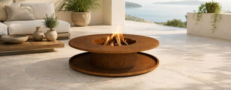 Runde Feuerstelle aus Cortenstahl auf einer hellen Terrasse mit Lounge-Bereich und weitem Meerblick