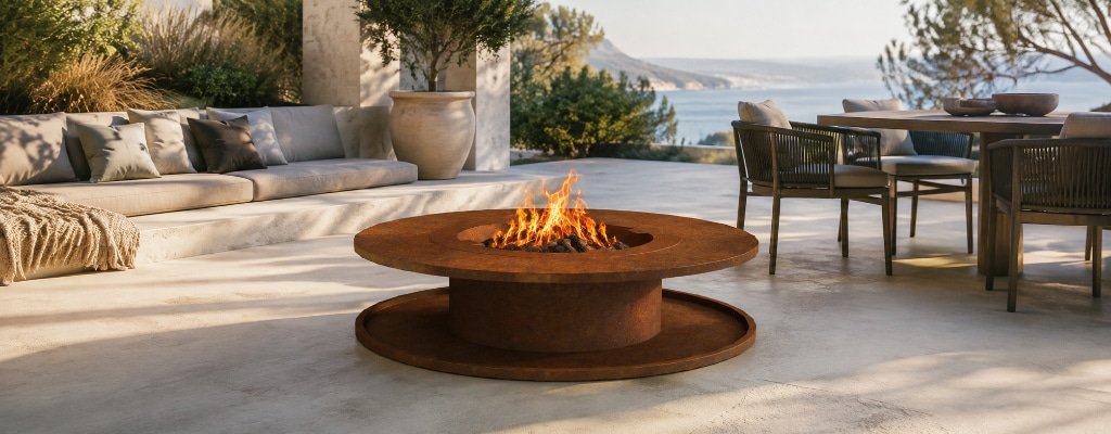 Runde Feuerstelle aus Cortenstahl auf einer hellen Terrasse mit Lounge, Esstisch und Meerblick