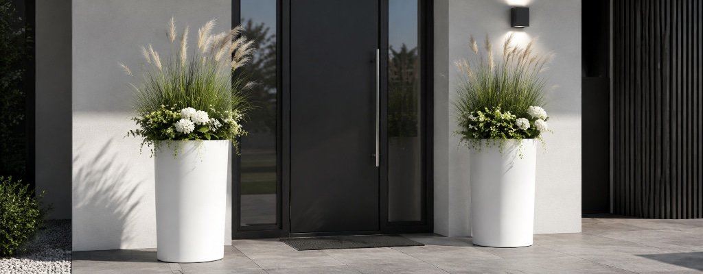 Fiberglas-Pflanzkübel mit Ziergräsern und weißen Blüten vor einem modernen Hauseingang