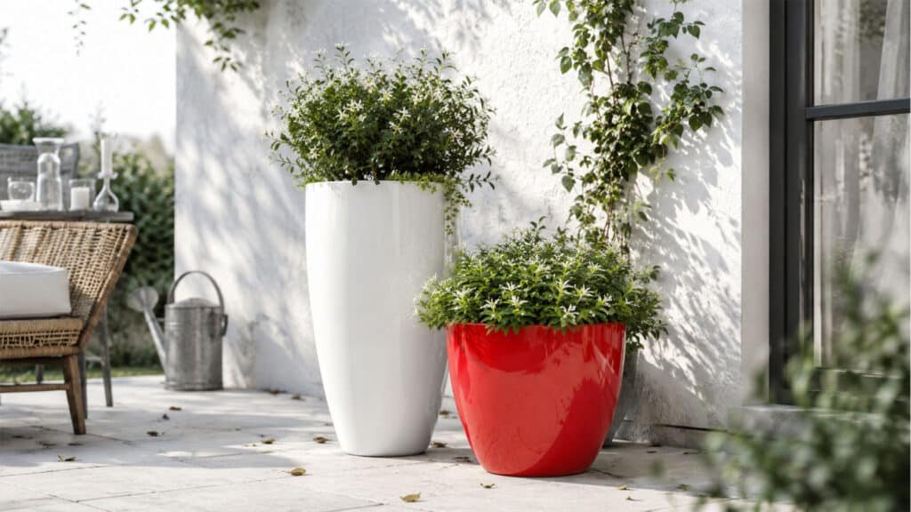 Fiberglas-Pflanzkübel in unterschiedlicher Größe, einer weiß und einer rot, mit blühenden grünen Pflanzen auf einer hellen Terrasse