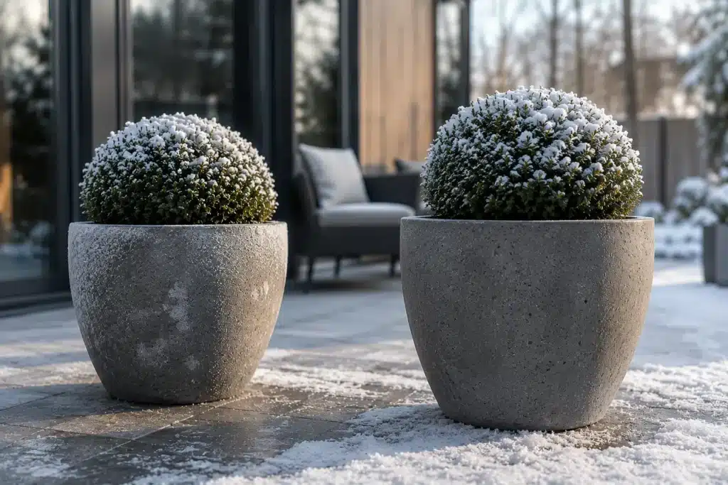 Zwei frostbeständige Pflanzkübel mit schneebedeckten Buchsbäumen auf einer winterlichen Terrasse.