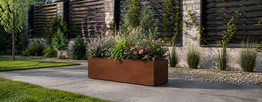 Rechteckiger Pflanzkübel in Cortenstahl-Optik mit üppiger Blumenbepflanzung in einem modernen Garten am Zaun